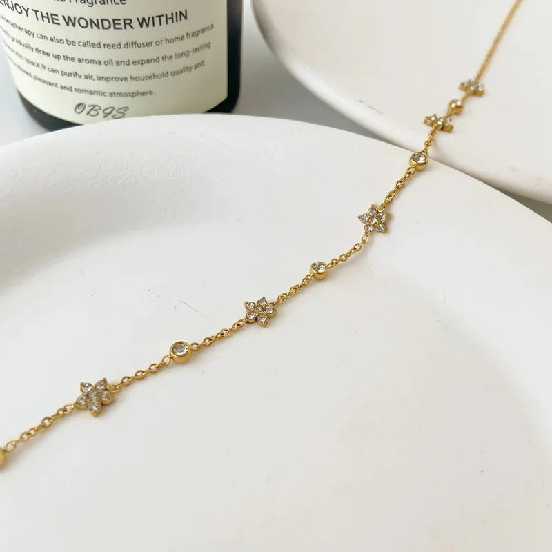 18kt Gold Plated Cubic Zirconia Flower Charm Choker Necklace, Myra