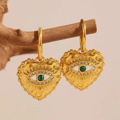18K Gold Plated Heart Evil Eye Hoop Earrings with Malachite, Rhea