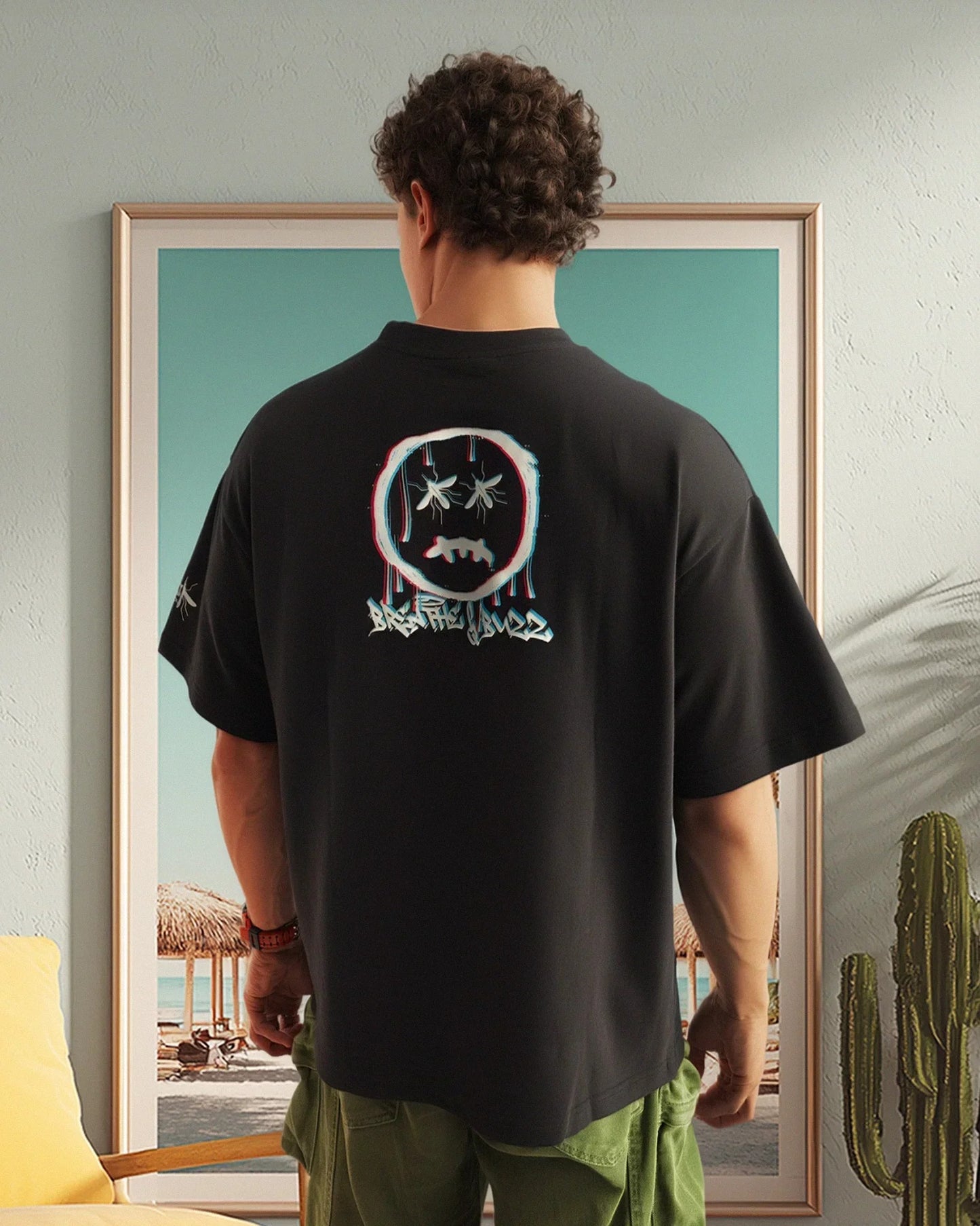 Psy Bear Terry Drop Shoulder T-Shirt in Black