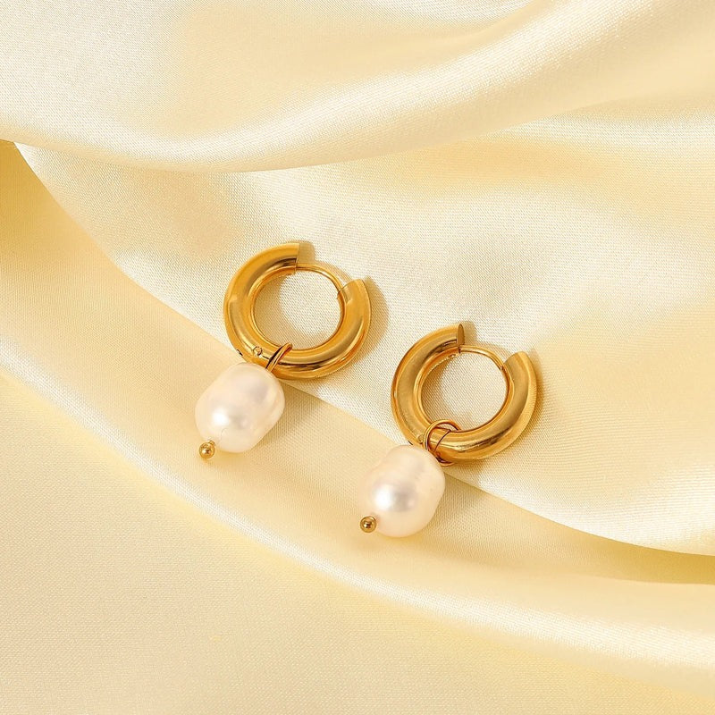18kt Gold Plated Stainless Steel Freshwater Pearl Drop Earrings, Mukta