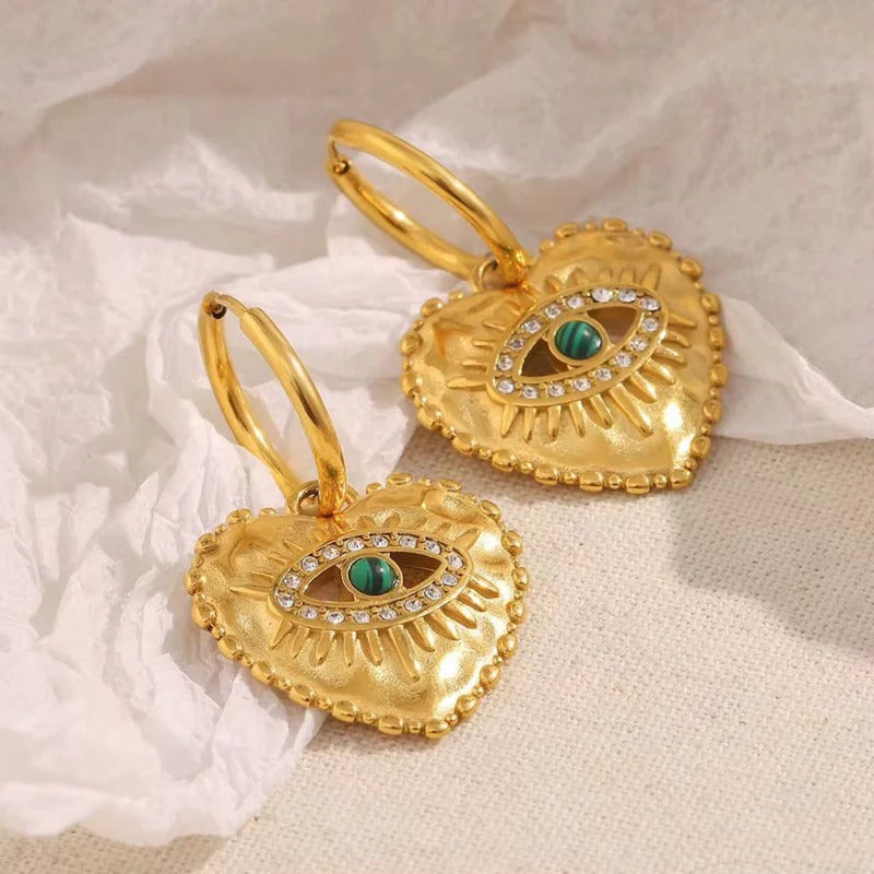 18K Gold Plated Heart Evil Eye Hoop Earrings with Malachite, Rhea
