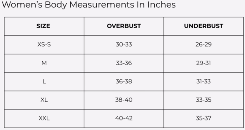 Size Chart for IMPACT SPORTS BRA