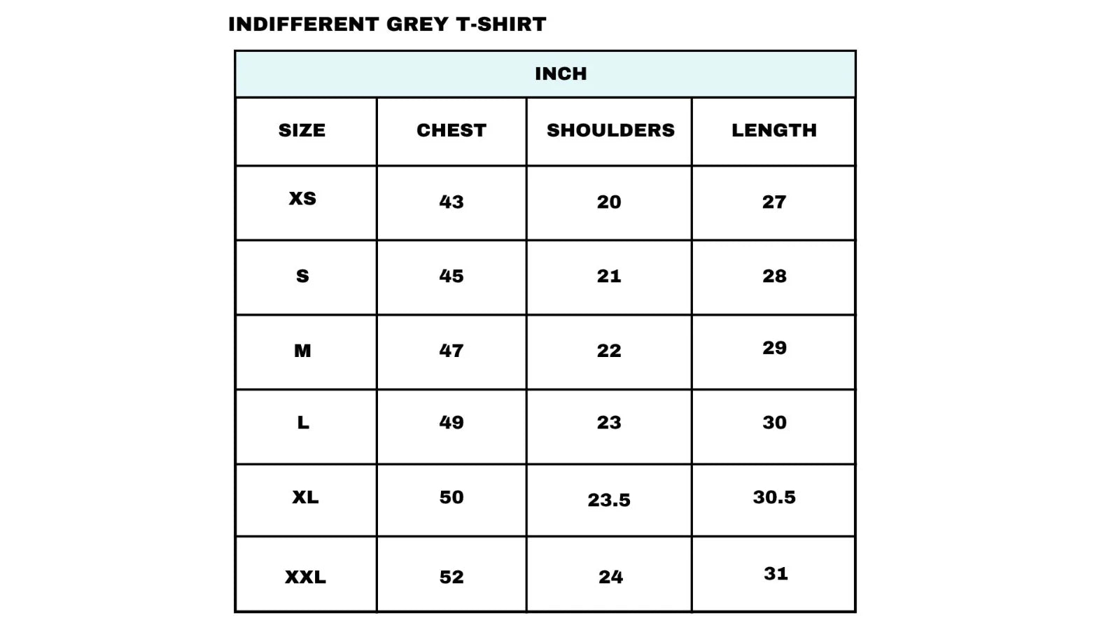 Size Chart for Indifferent Grey T-Shirt