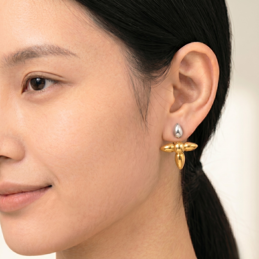18KT Gold Plated Two Tone Metallic Petal Drop Earrings, Orla
