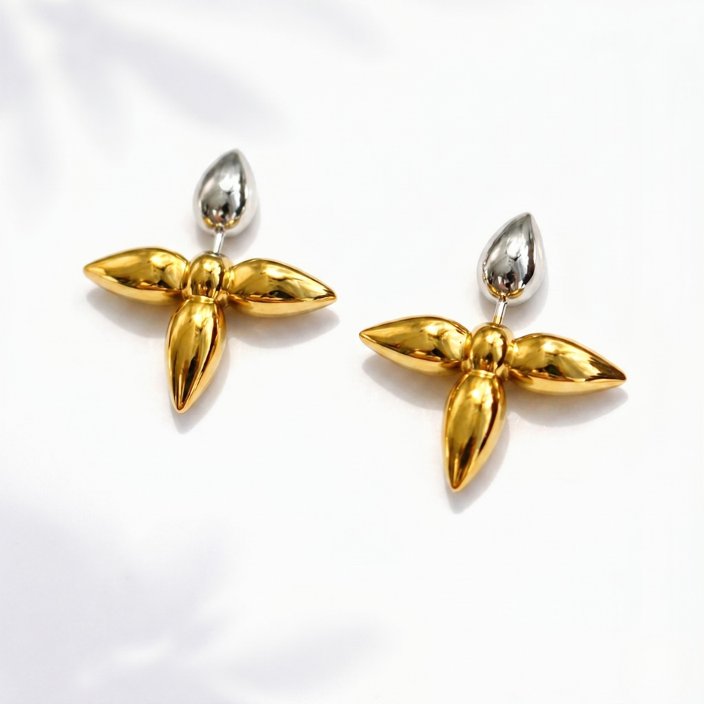 18KT Gold Plated Two Tone Metallic Petal Drop Earrings, Orla