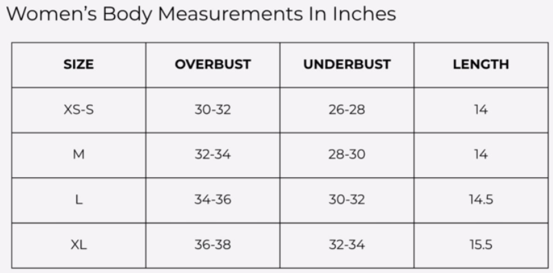 Size Chart for INTENT SPORTS BRA