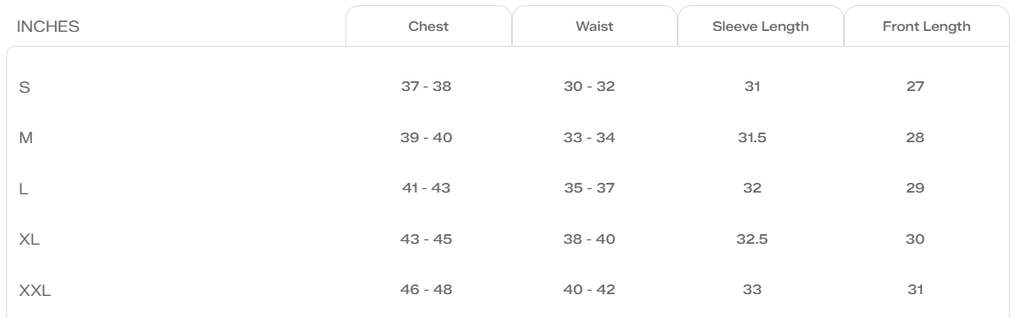 Size Chart for Out There Jacket