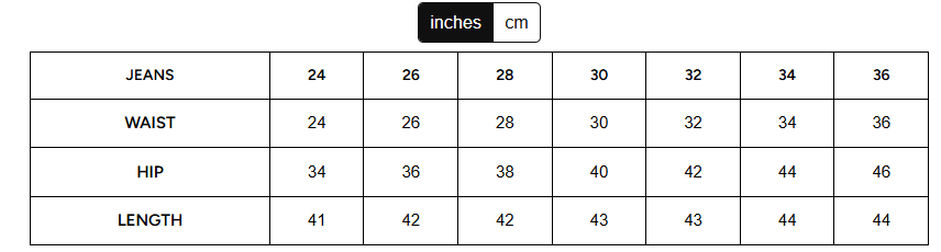 Size Chart for Reflective Disc Denim Jeans