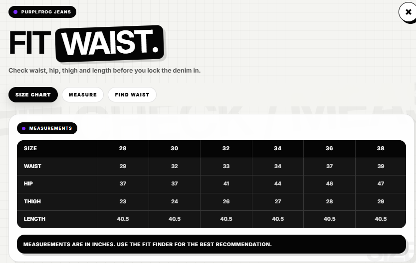 Size Chart for Burnout Denim Jeans