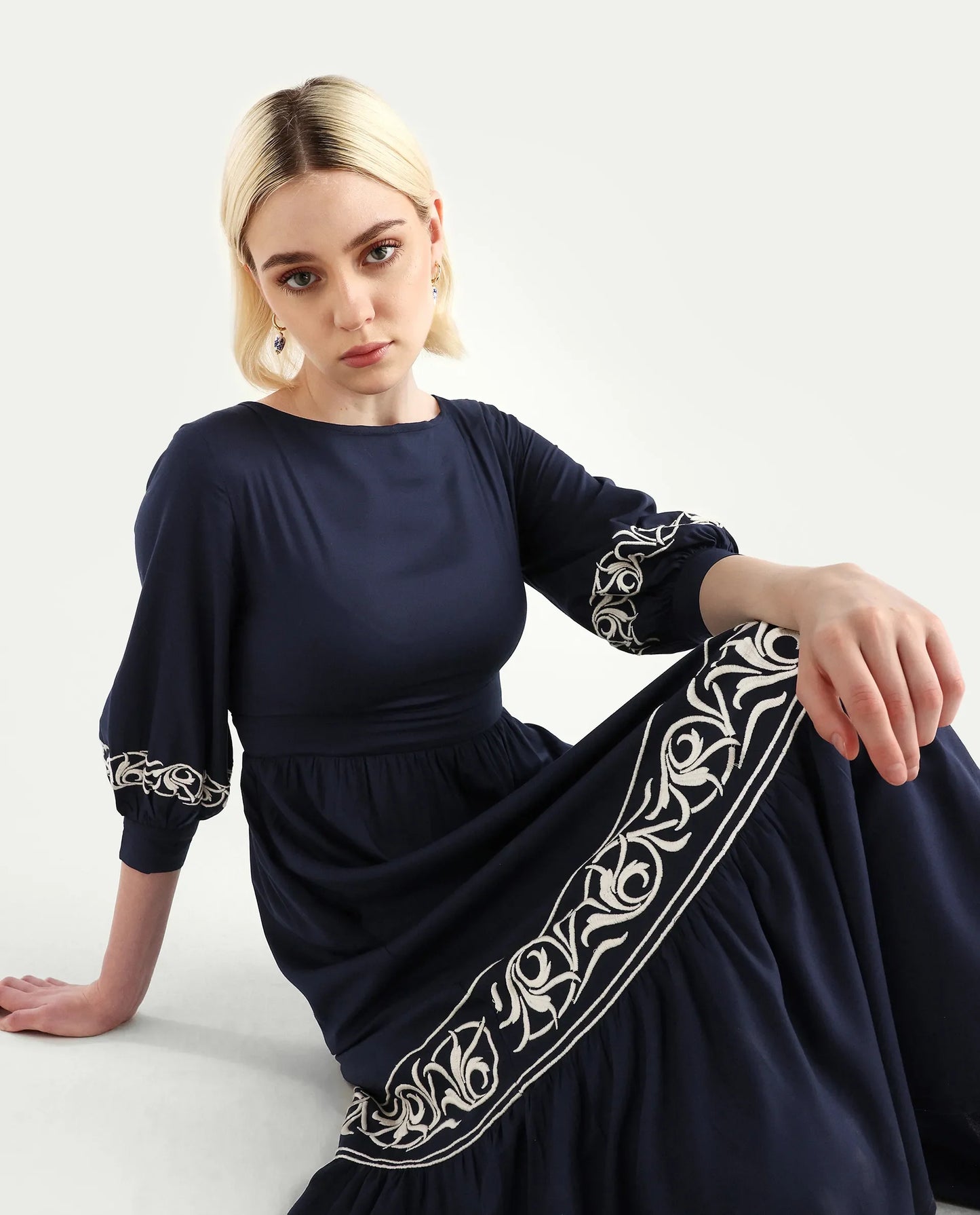 Rareism Women's Jenpen Navy Viscose Boat Neck Fit And Flare Plain Midi Dress | RAREISM at Broadway
