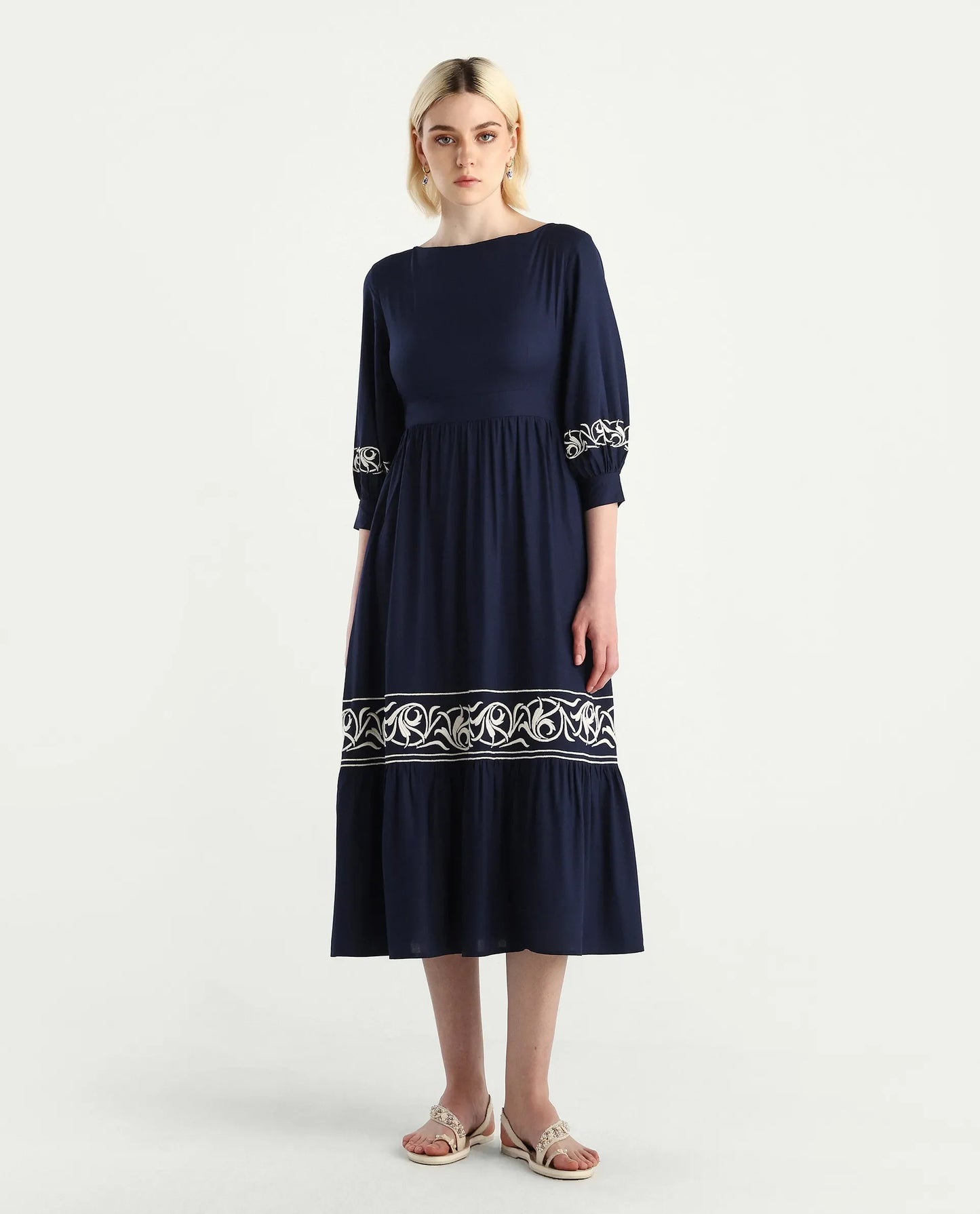 Rareism Women's Jenpen Navy Viscose Boat Neck Fit And Flare Plain Midi Dress | RAREISM at Broadway