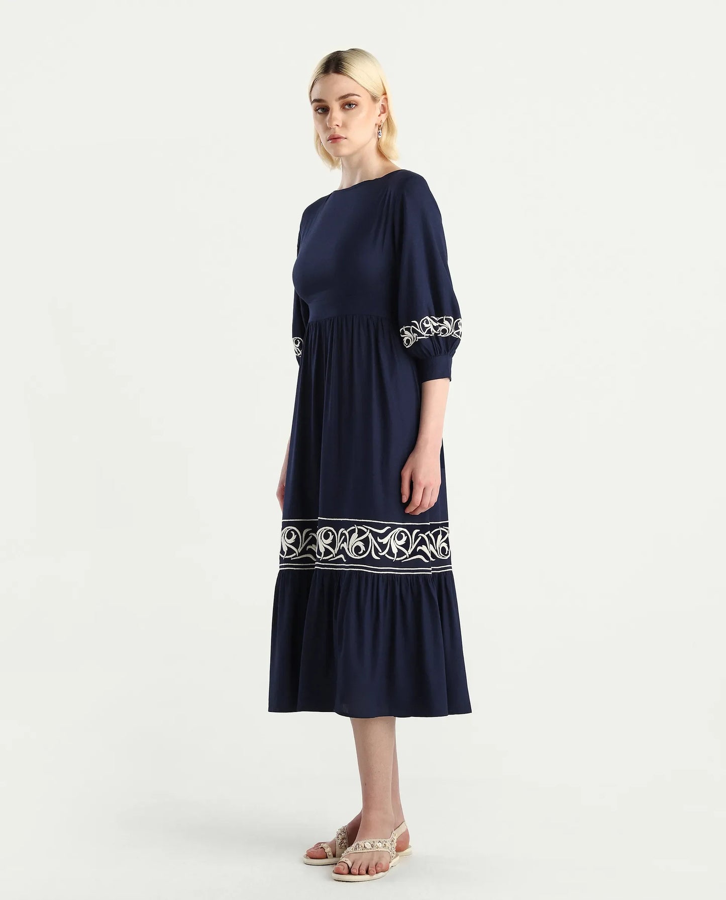 Rareism Women's Jenpen Navy Viscose Boat Neck Fit And Flare Plain Midi Dress | RAREISM at Broadway