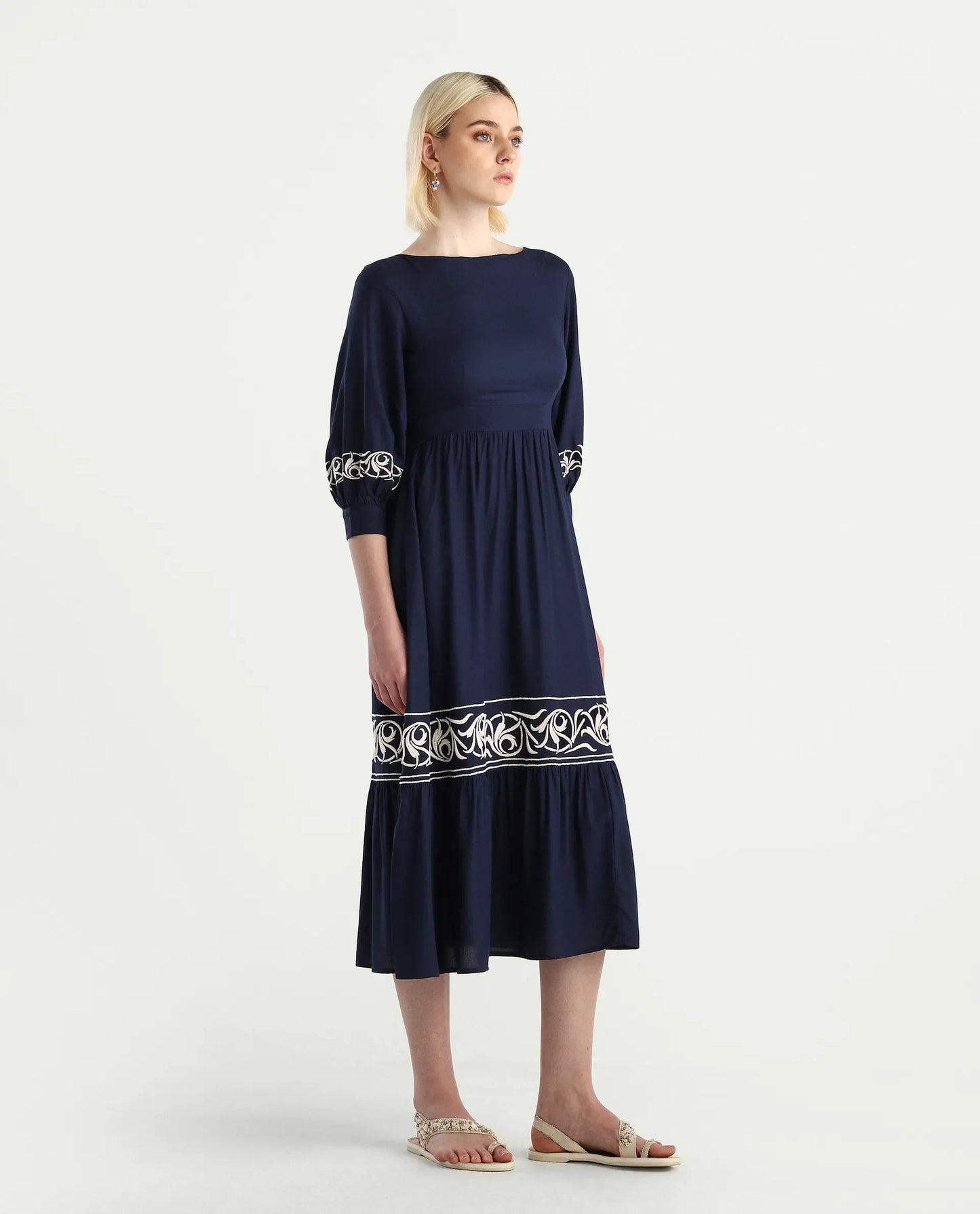 Rareism Women's Jenpen Navy Viscose Boat Neck Fit And Flare Plain Midi Dress | RAREISM at Broadway