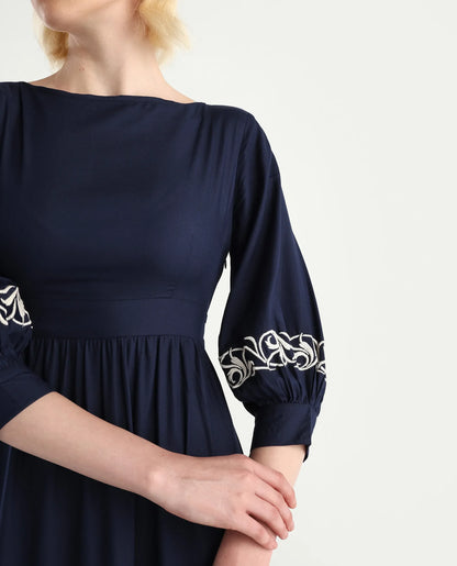 Rareism Women's Jenpen Navy Viscose Boat Neck Fit And Flare Plain Midi Dress | RAREISM at Broadway