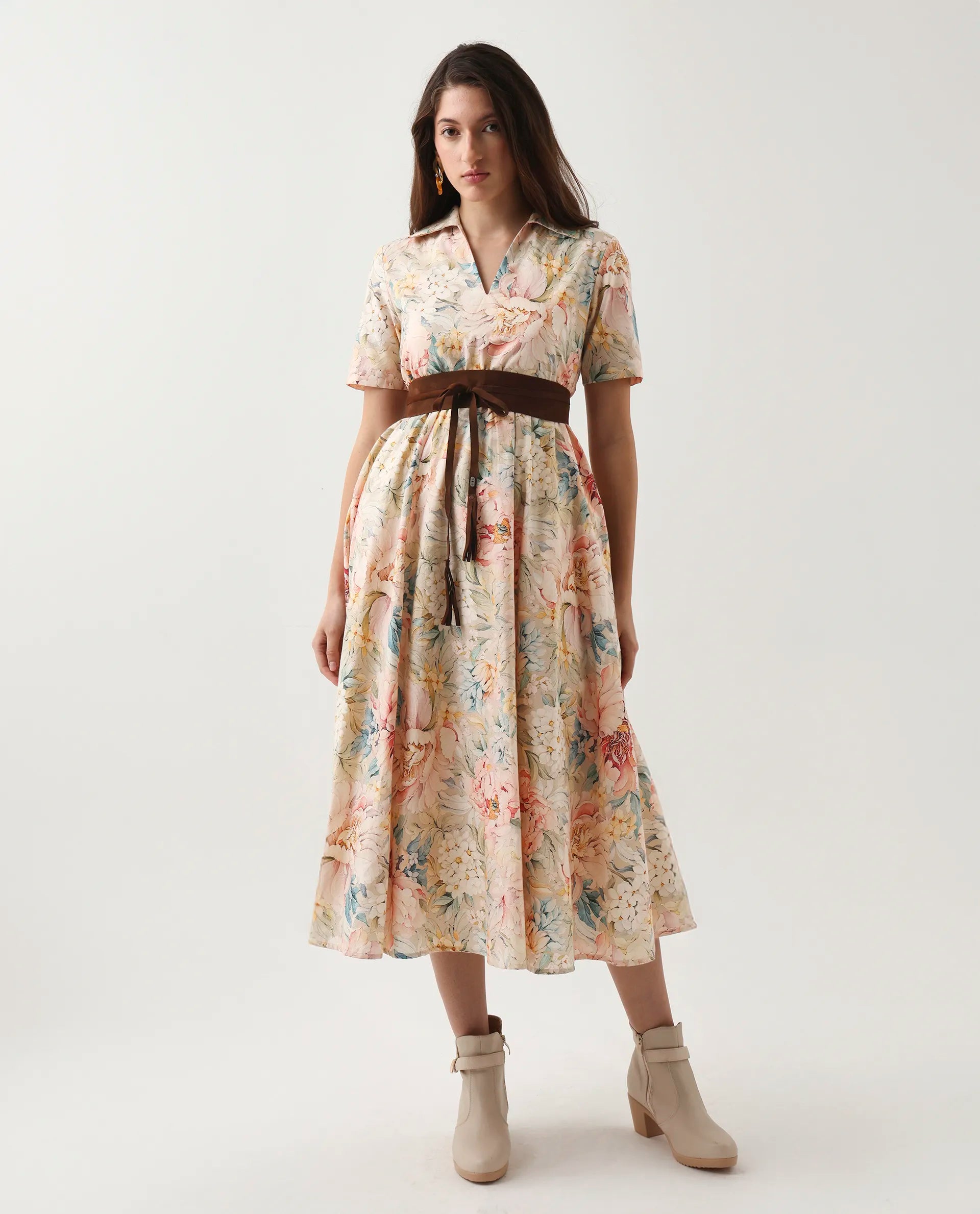 Rareism Women's Jetto Light Multi Cotton Collared Neck Fit And Flare Printed Midi Dress | RAREISM at Broadway