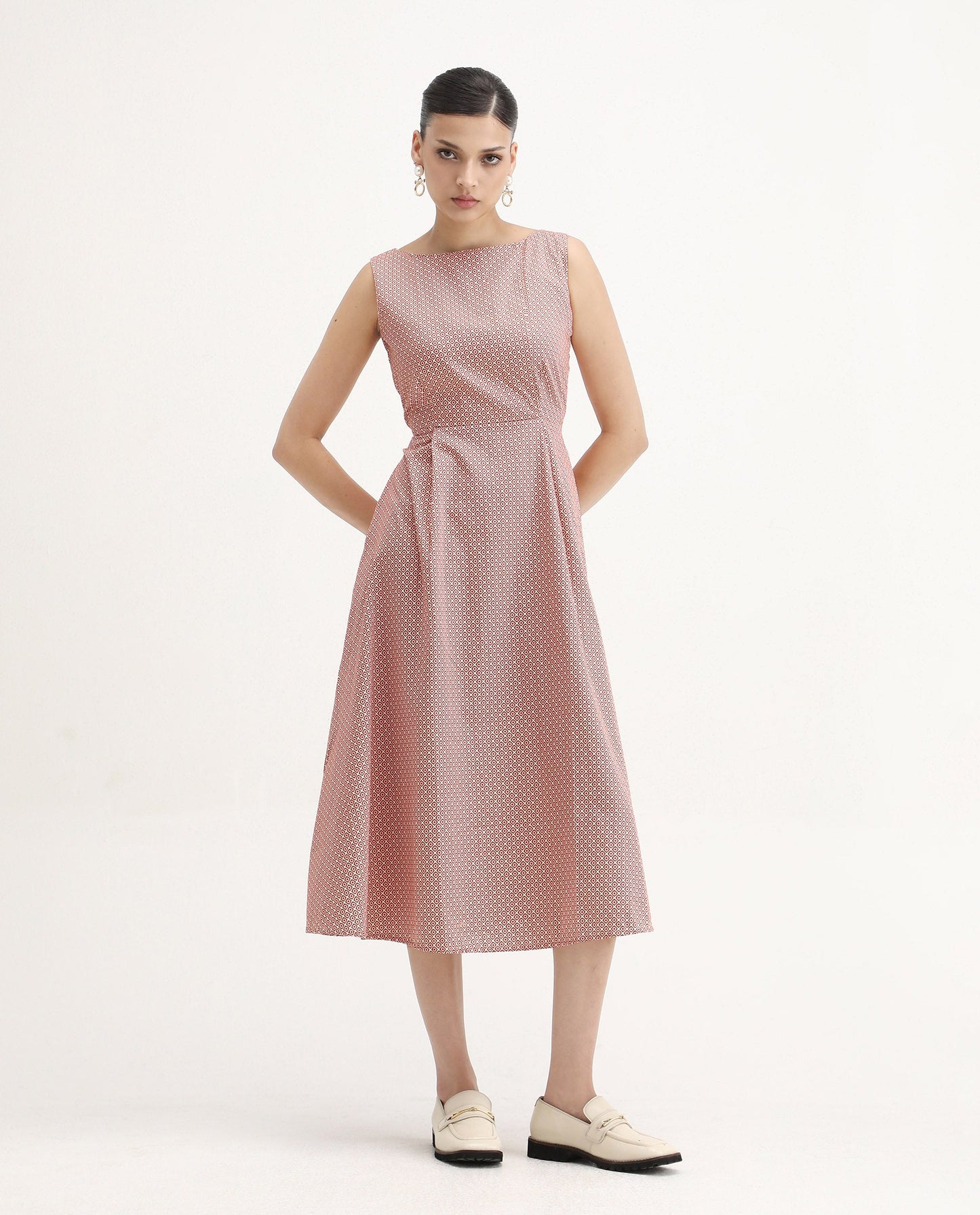 Rareism Women's Jexor Pink Cotton Boat Neck A-Line Printed Midi Dress | RAREISM at Broadway