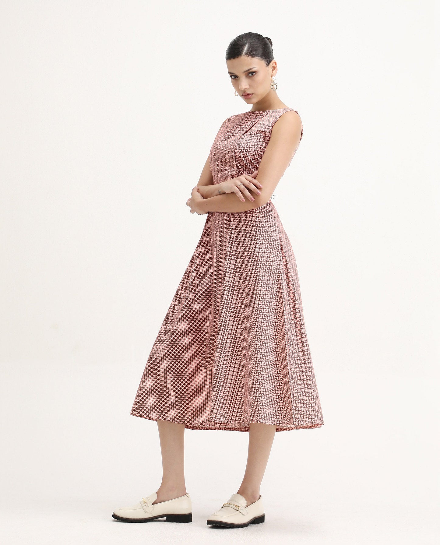 Rareism Women's Jexor Pink Cotton Boat Neck A-Line Printed Midi Dress | RAREISM at Broadway