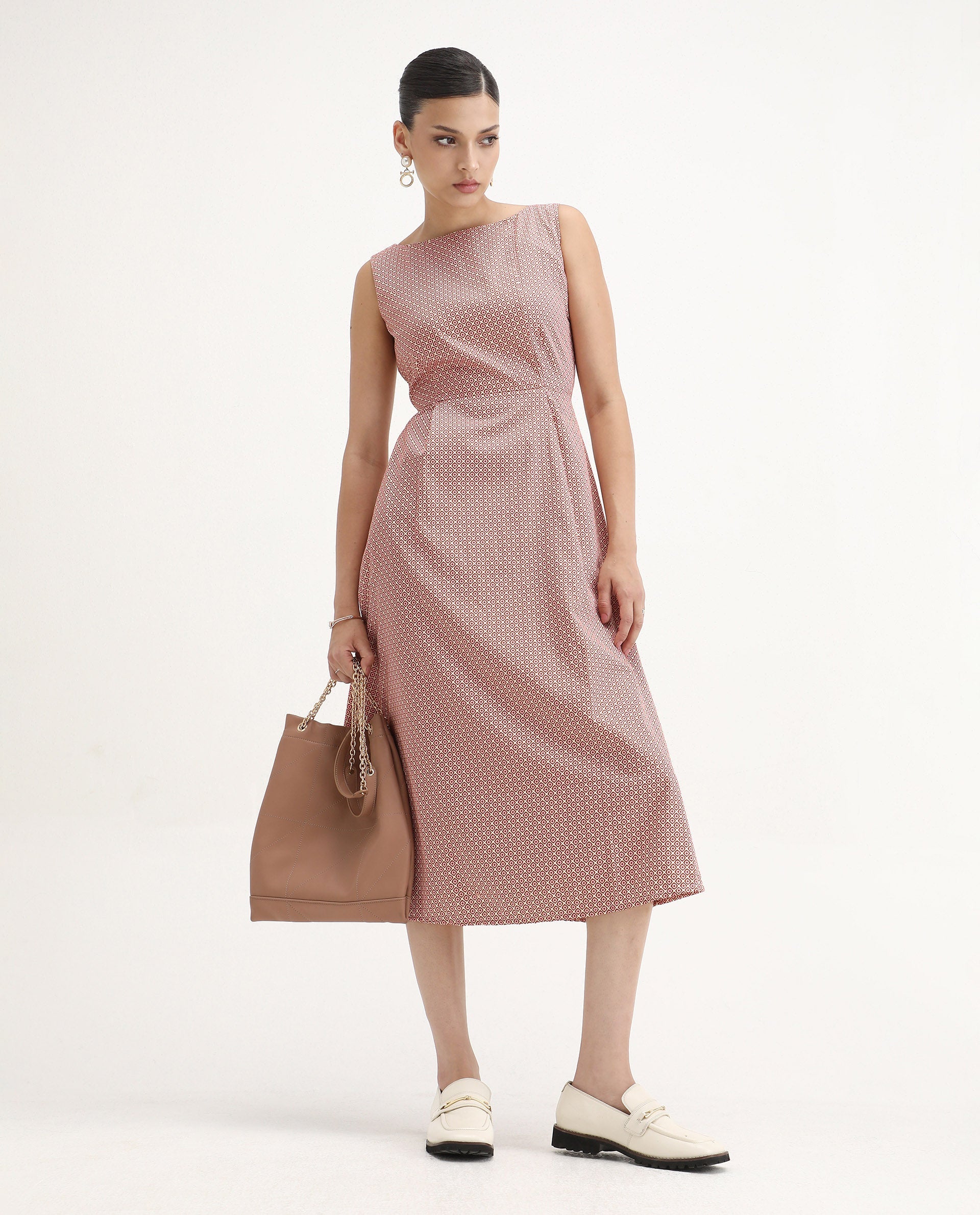 Rareism Women's Jexor Pink Cotton Boat Neck A-Line Printed Midi Dress | RAREISM at Broadway