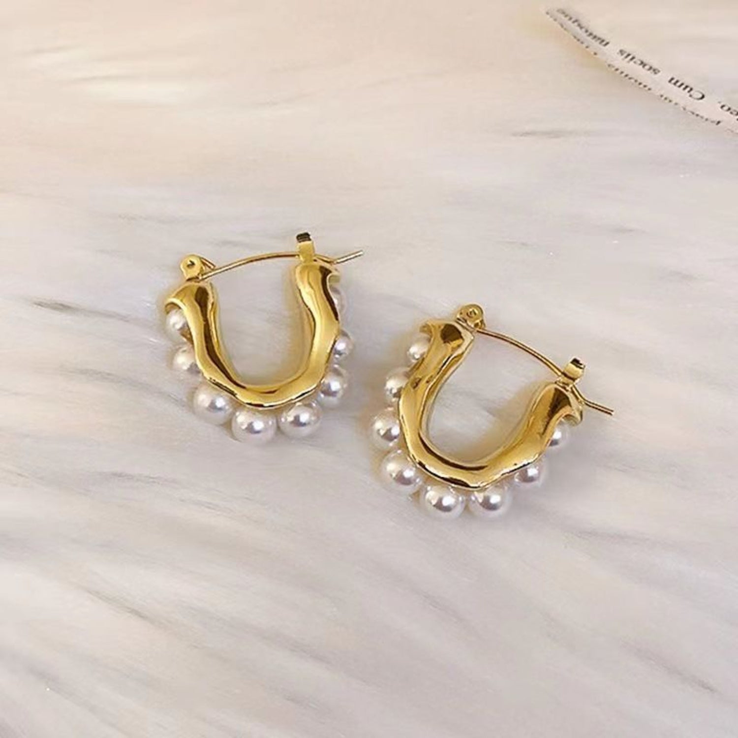 Gold Wavy Pearl Huggie Hoops JLT11261 | Just Lil Things at Broadway