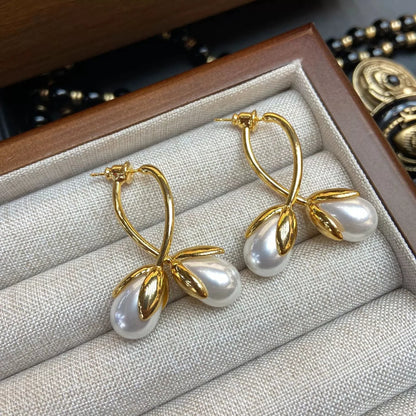 Gold Pearl Bud Drop Earrings jlt