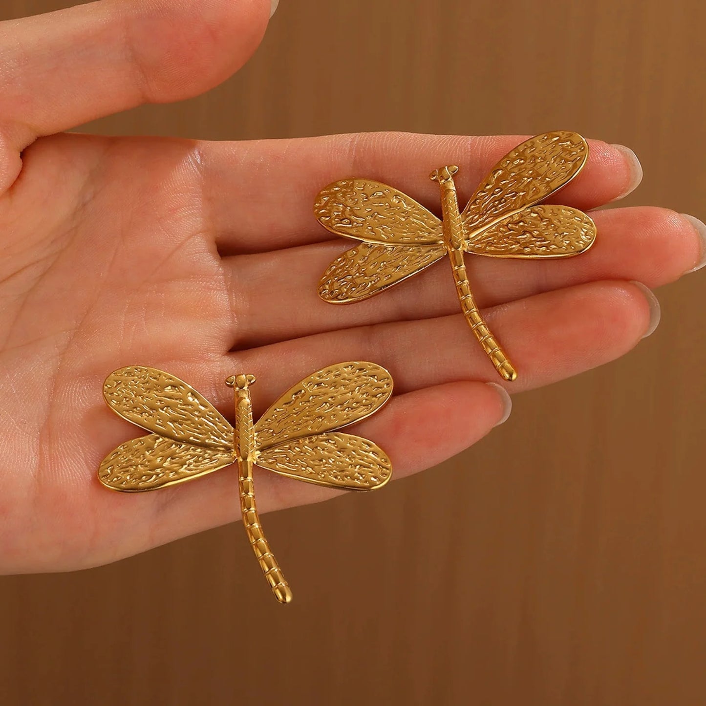 Gold Textured Dragonfly Stud Earrings JLT13611