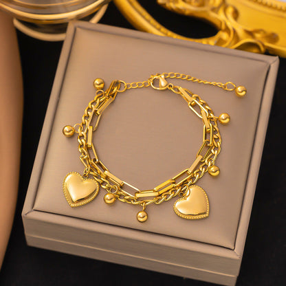 Just Lil Things Artificial Golden Heart Charm Bracelet & Link Chain Duo Elegant Layered Set    Bracelets