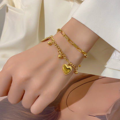 Just Lil Things Artificial Golden Heart Charm Bracelet & Link Chain Duo Elegant Layered Set    Bracelets