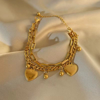 Just Lil Things Artificial Golden Heart Charm Bracelet & Link Chain Duo Elegant Layered Set    Bracelets