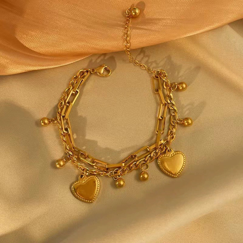 Just Lil Things Artificial Golden Heart Charm Bracelet & Link Chain Duo Elegant Layered Set    Bracelets