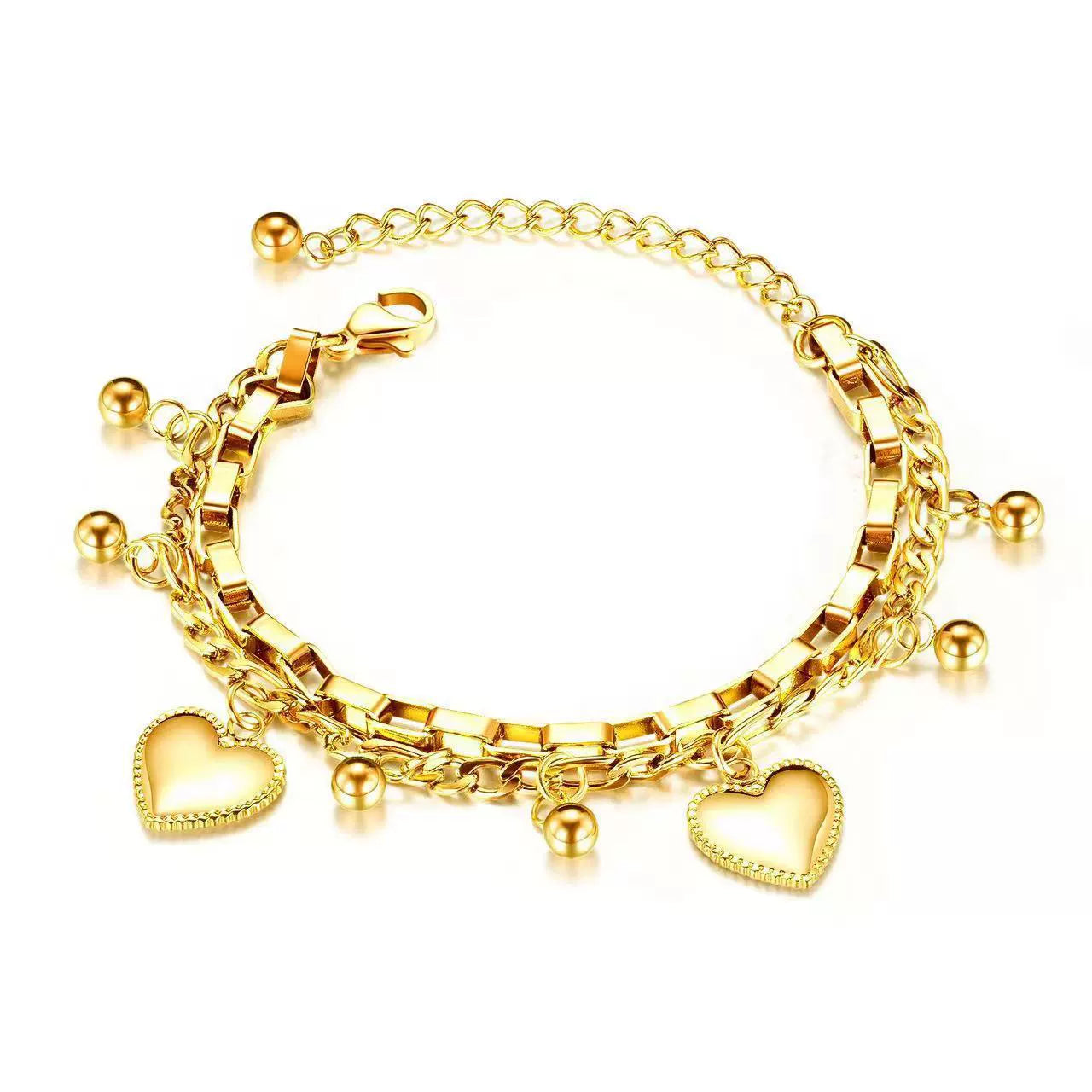 Just Lil Things Artificial Golden Heart Charm Bracelet & Link Chain Duo Elegant Layered Set    Bracelets