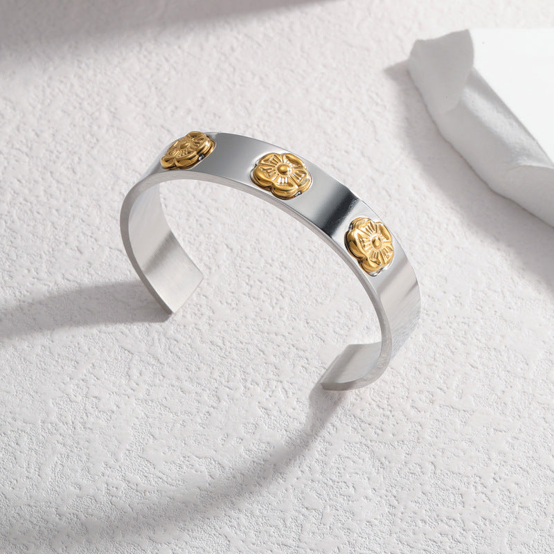 Silver-Tone Open Cuff Bracelet with Gold Medallion Accents ‚Äì Minimal & Chic Bracelet JLTB0558 | Just Lil Things at Broadway