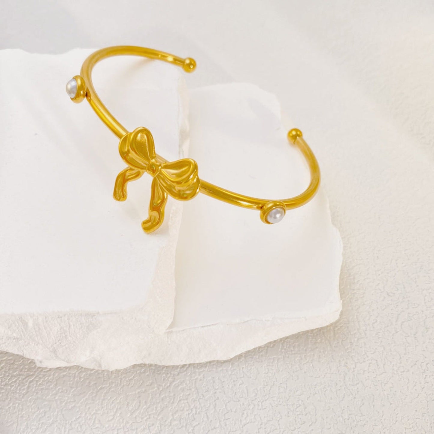 Vintage Bow Shaped Dual Pearl Inlaid Gold-tone Bracelet JLTB0640 | Just Lil Things at Broadway