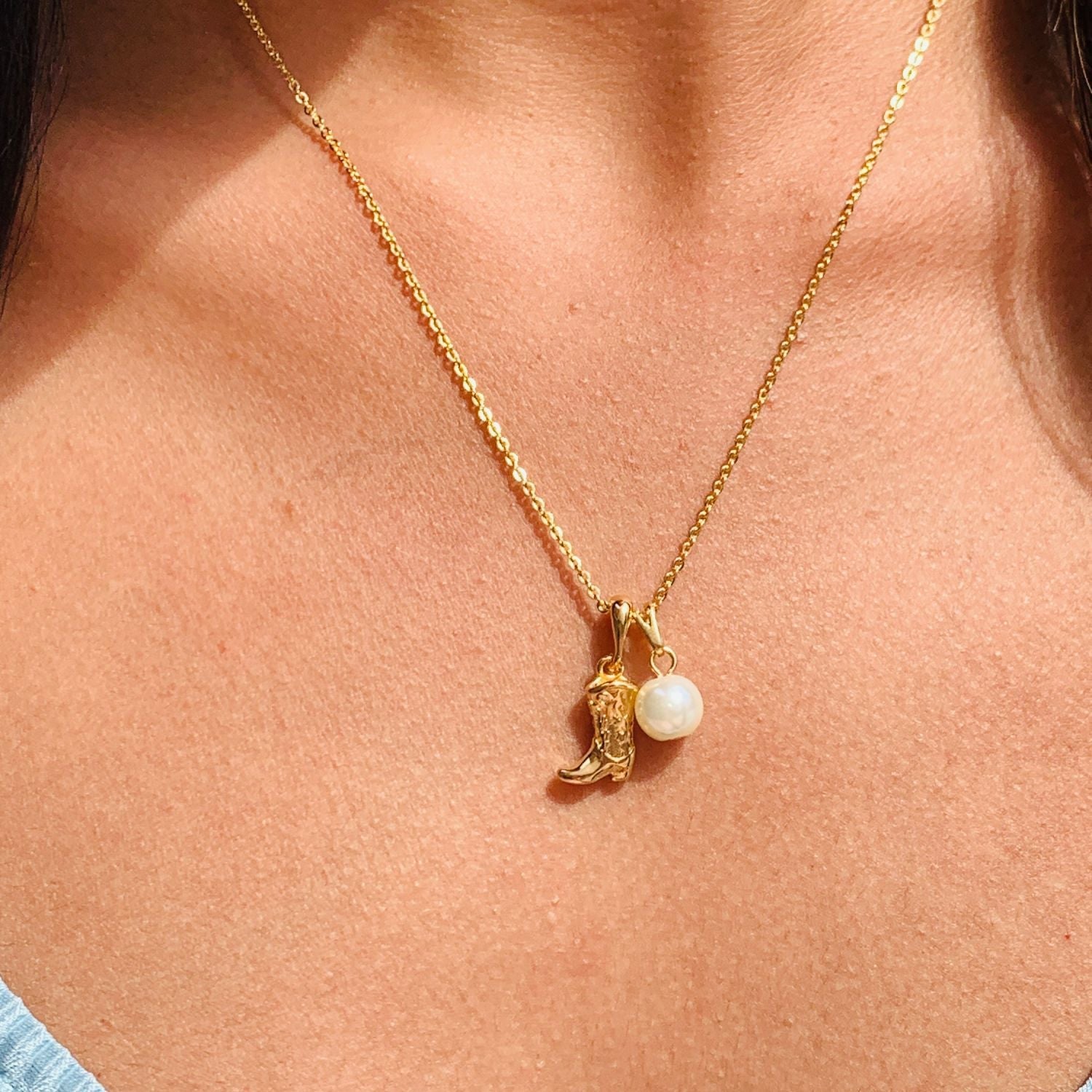 Just Lil Things Artificial- Golden Boot & Pearl Charm- Necklace jltn1086 | Just Lil Things at Broadway