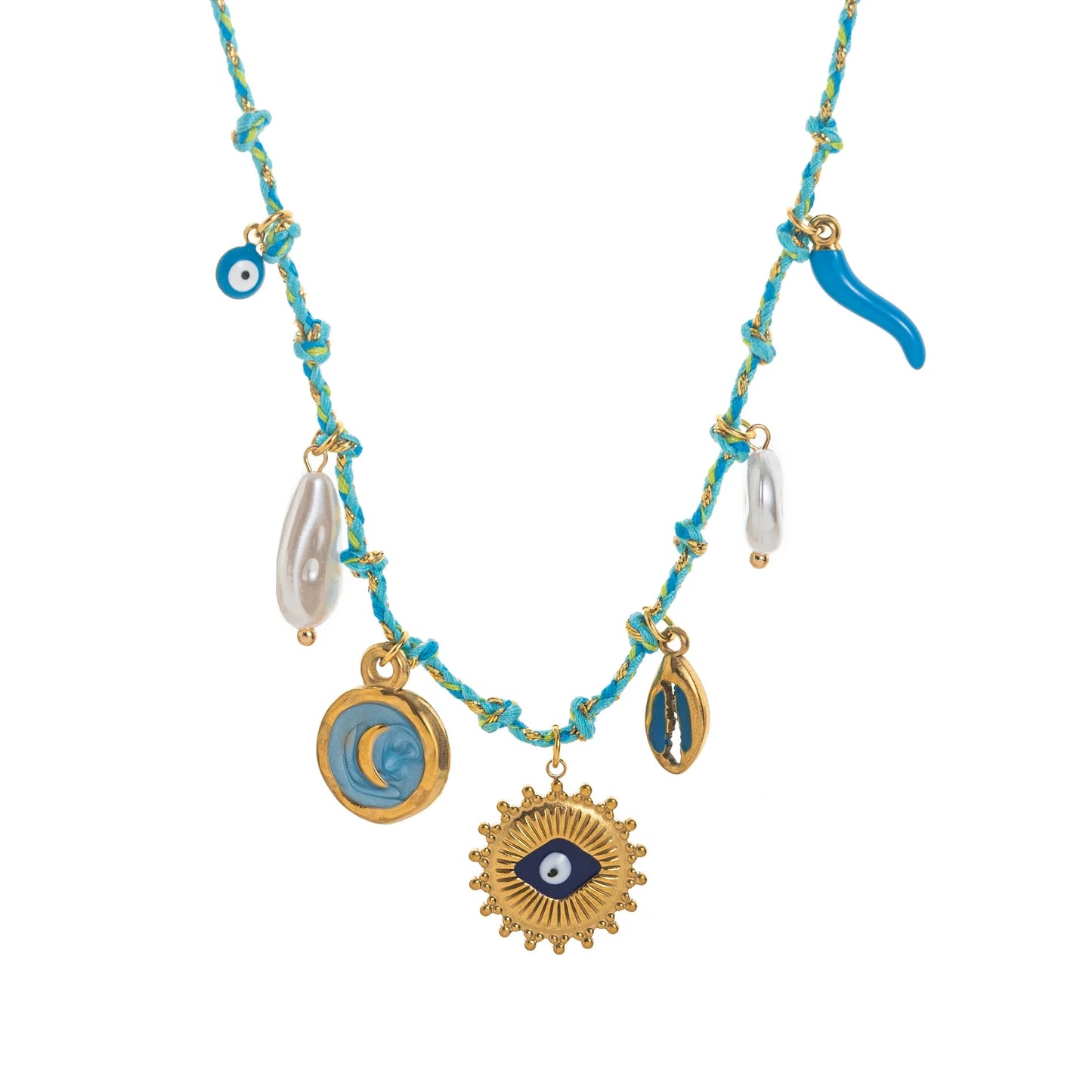 Just Lil Things Turquoise Braided Evil Eye Charm Necklace with Pearl & Gold Accents JLTN1626 jltn1626 | Just Lil Things at Broadway