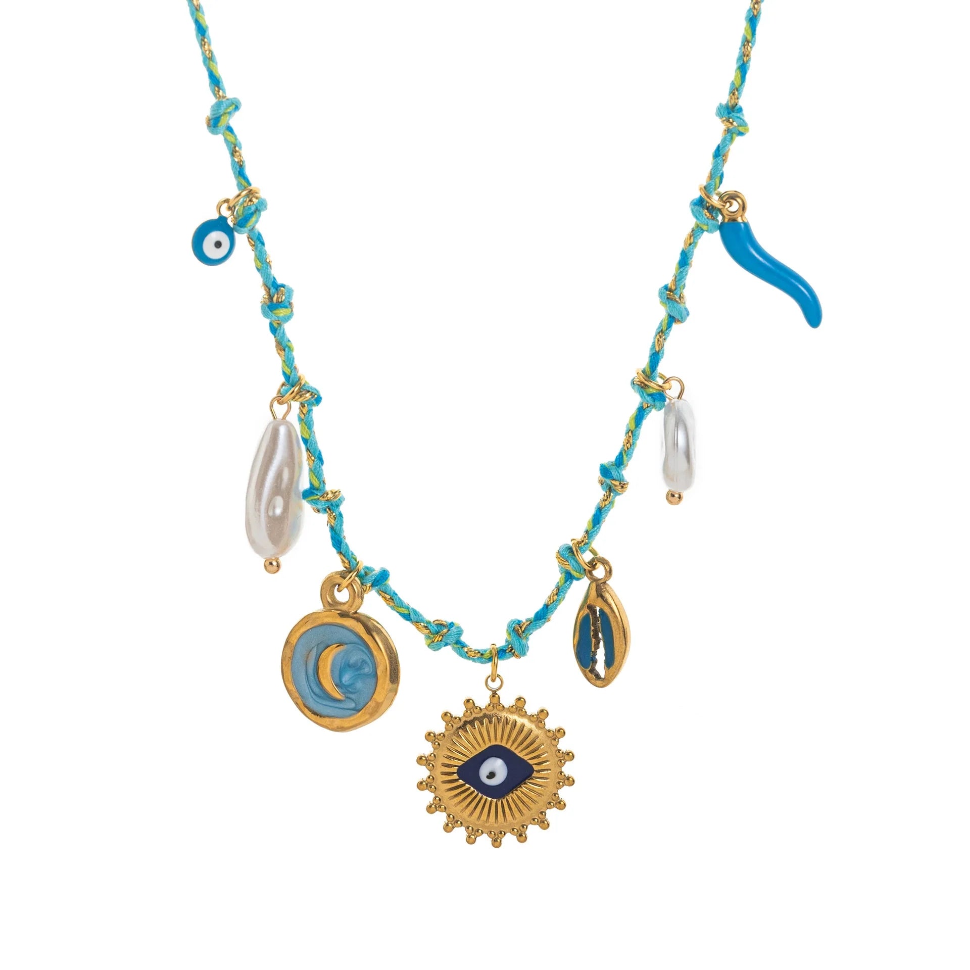 Just Lil Things Turquoise Braided Evil Eye Charm Necklace with Pearl & Gold Accents JLTN1626 jltn1626 | Just Lil Things at Broadway