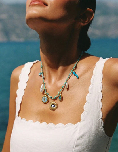 Just Lil Things Turquoise Braided Evil Eye Charm Necklace with Pearl & Gold Accents JLTN1626 jltn1626