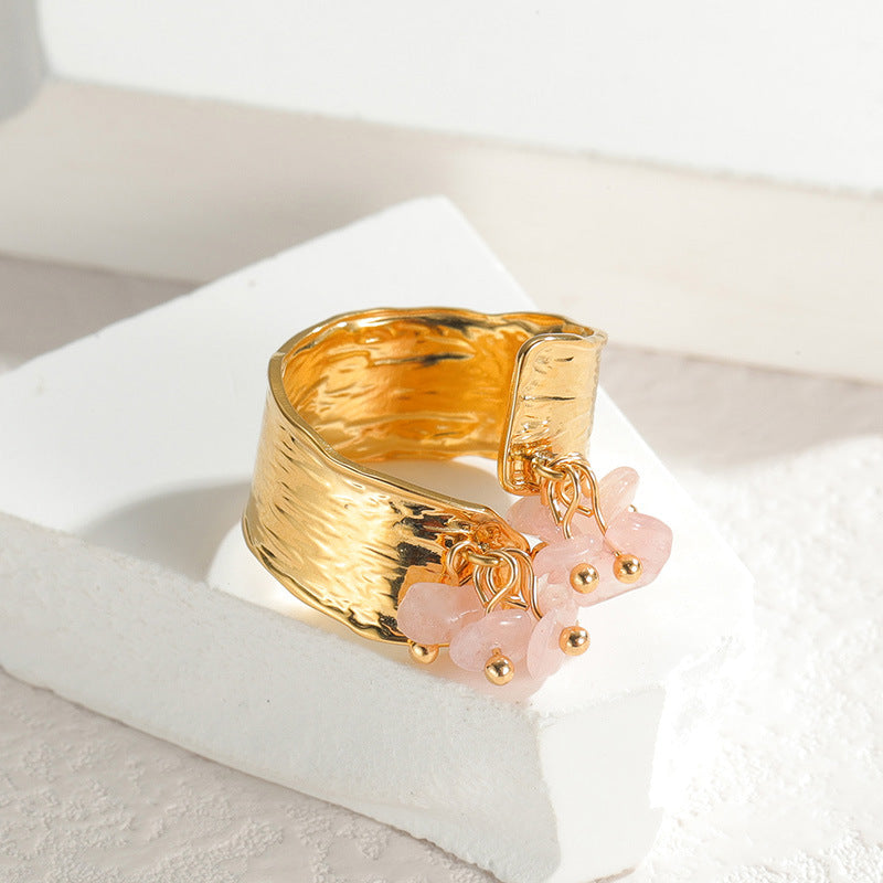 Gold Textured Band with Rose Quartz Charms JLTR0461 | Just Lil Things at Broadway