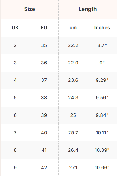 Size Chart for Kelly Mogambo