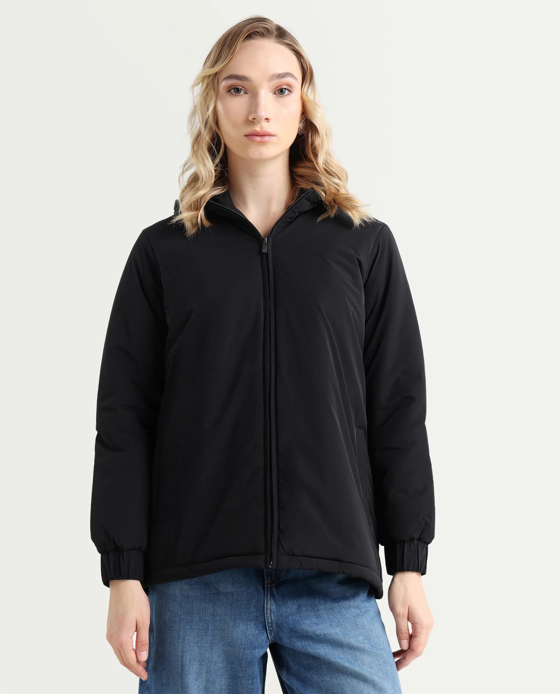 Rareism Women's Kosty Black Polyester Hoody Jacket Plain Jacket | RAREISM at Broadway