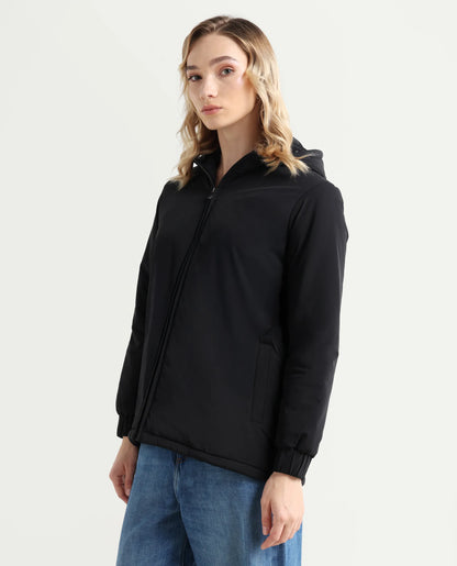 Rareism Women's Kosty Black Polyester Hoody Jacket Plain Jacket | RAREISM at Broadway