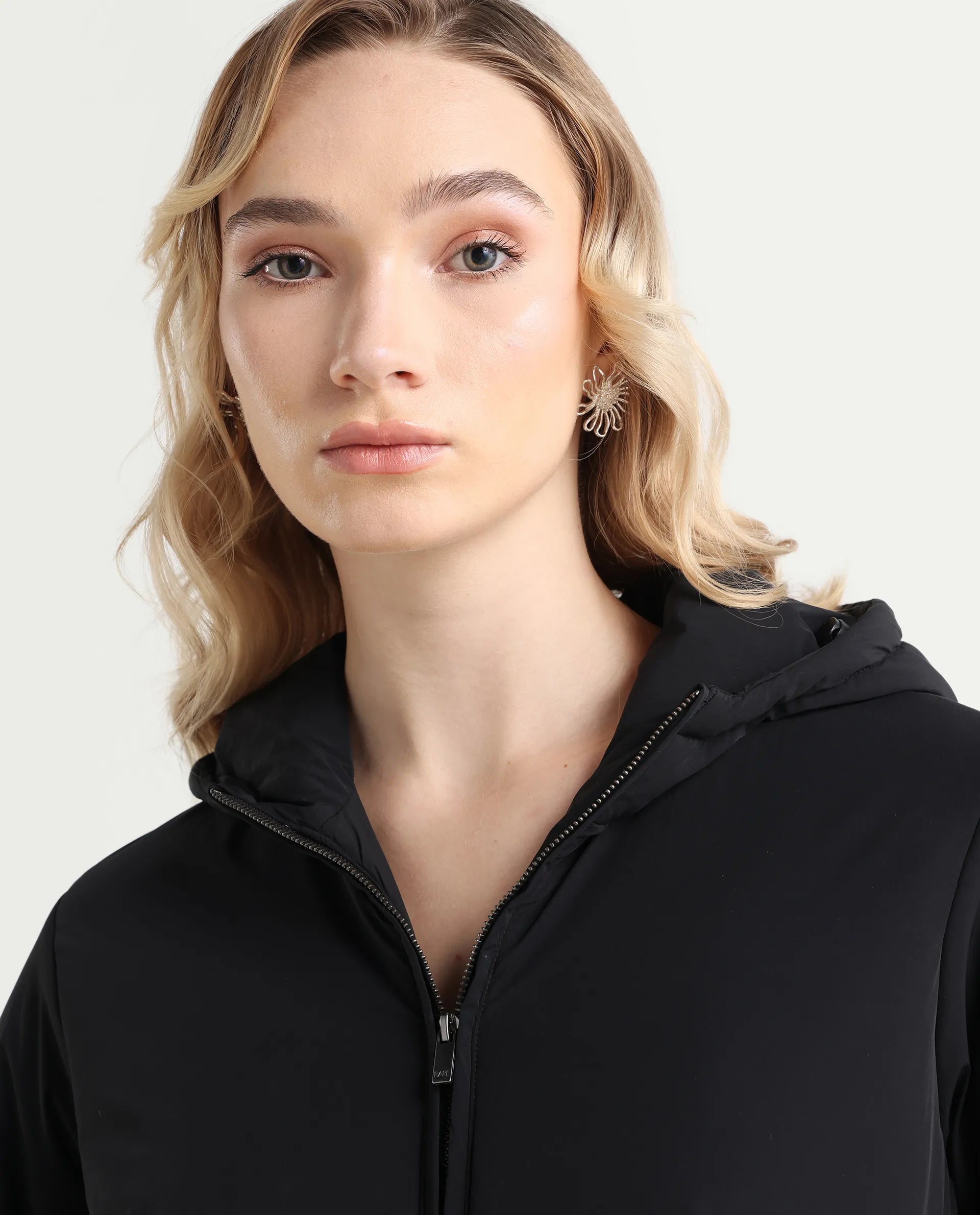 Rareism Women's Kosty Black Polyester Hoody Jacket Plain Jacket | RAREISM at Broadway
