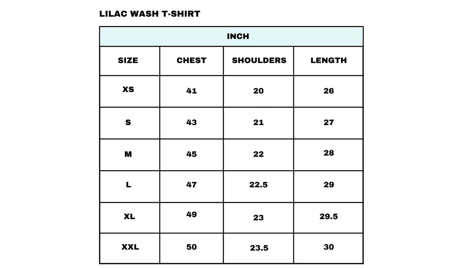 Size Chart for WASHED PAST LILAC T-SHIRT