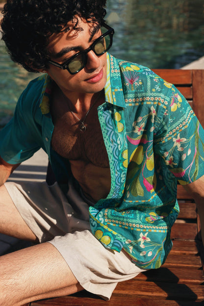 Printed Mul Satin Shirt Blue | PrimalGray at Broadway