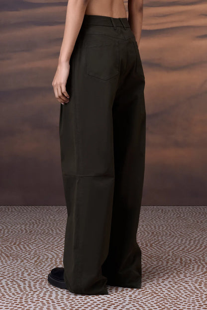 Military Green Cotton Twill Wide-Leg Trousers