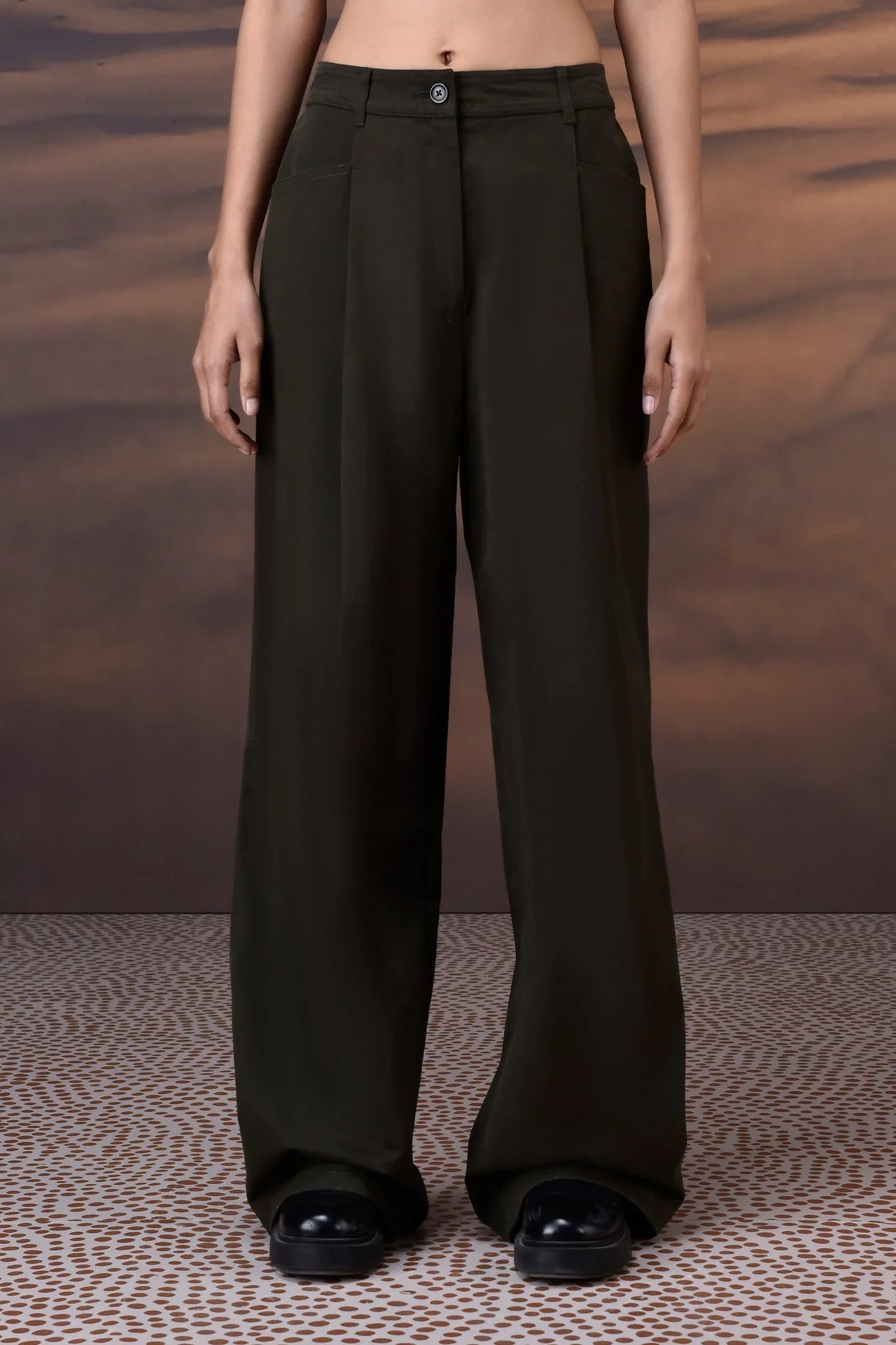Military Green Cotton Twill Wide-Leg Trousers