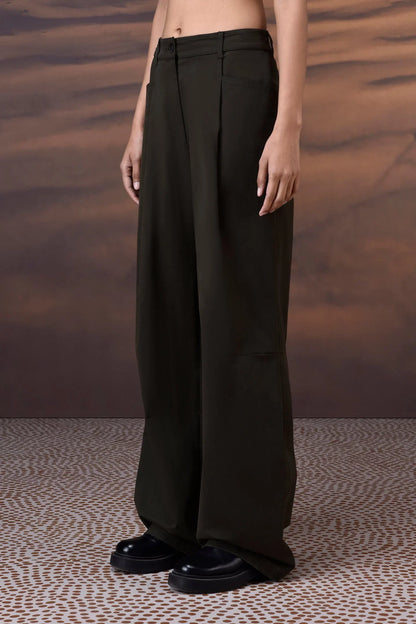 Military Green Cotton Twill Wide-Leg Trousers