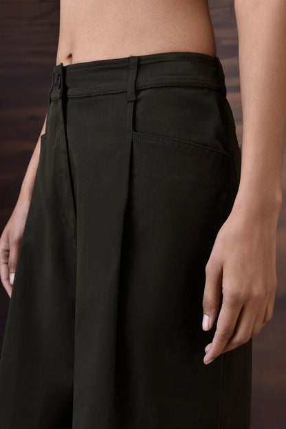 Military Green Cotton Twill Wide-Leg Trousers