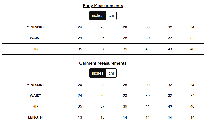 Size Chart for Pink Mini Frill Skirt