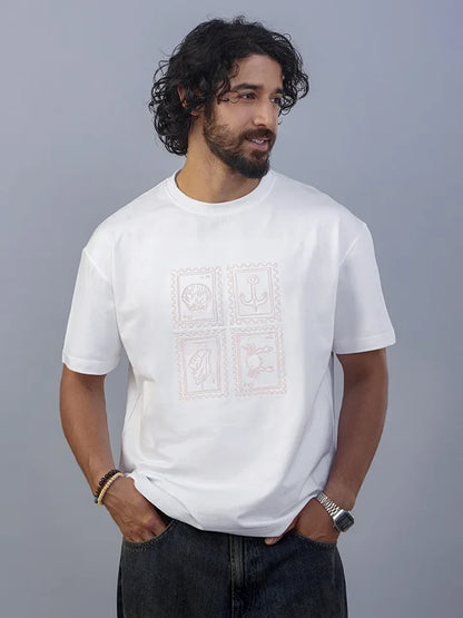 Stamps White Oversized Cotton Embroidered Tee