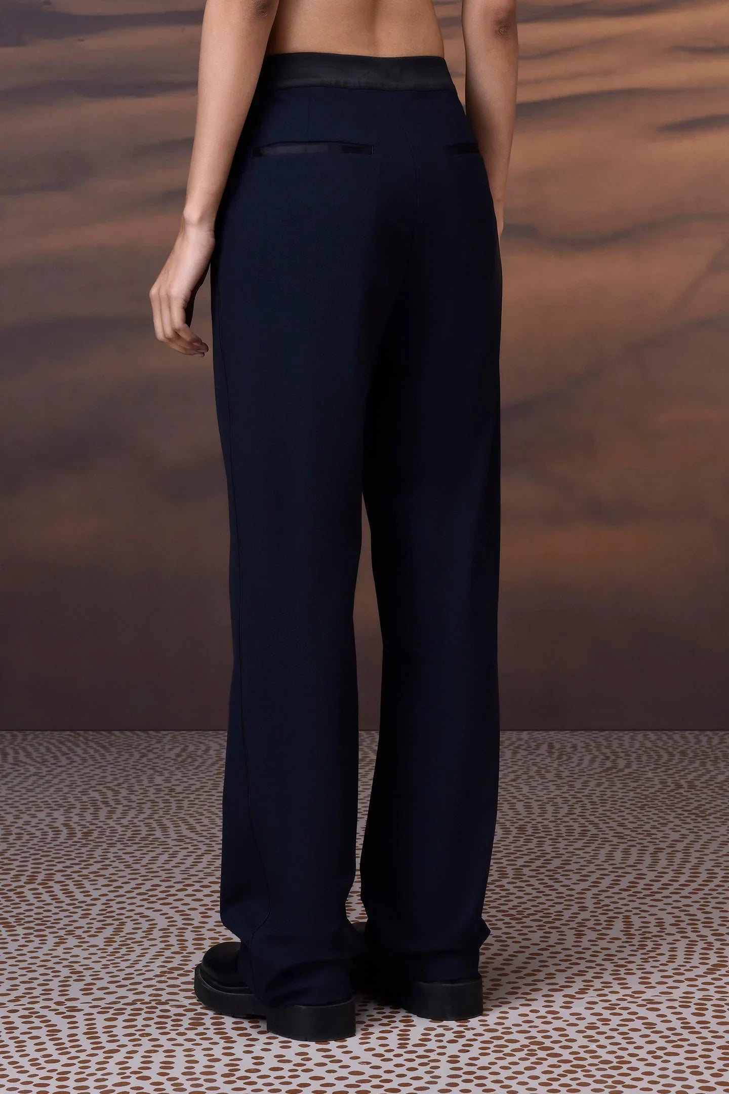 Navy Poly Viscose Satin Trouser